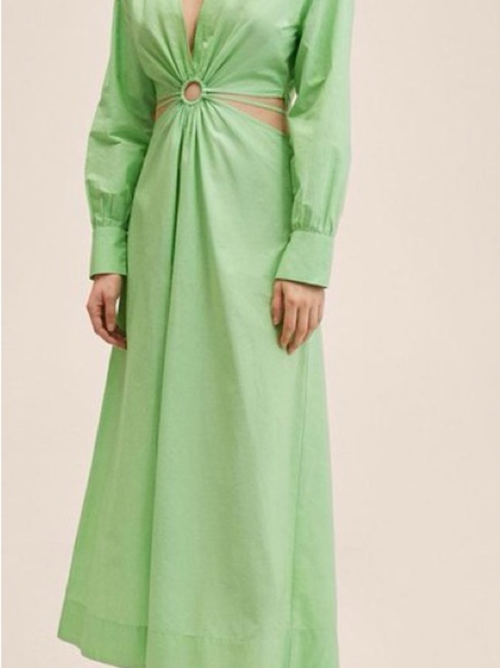 Mango Light Green Long Sleeve Maxi Dress with Ring Cutout